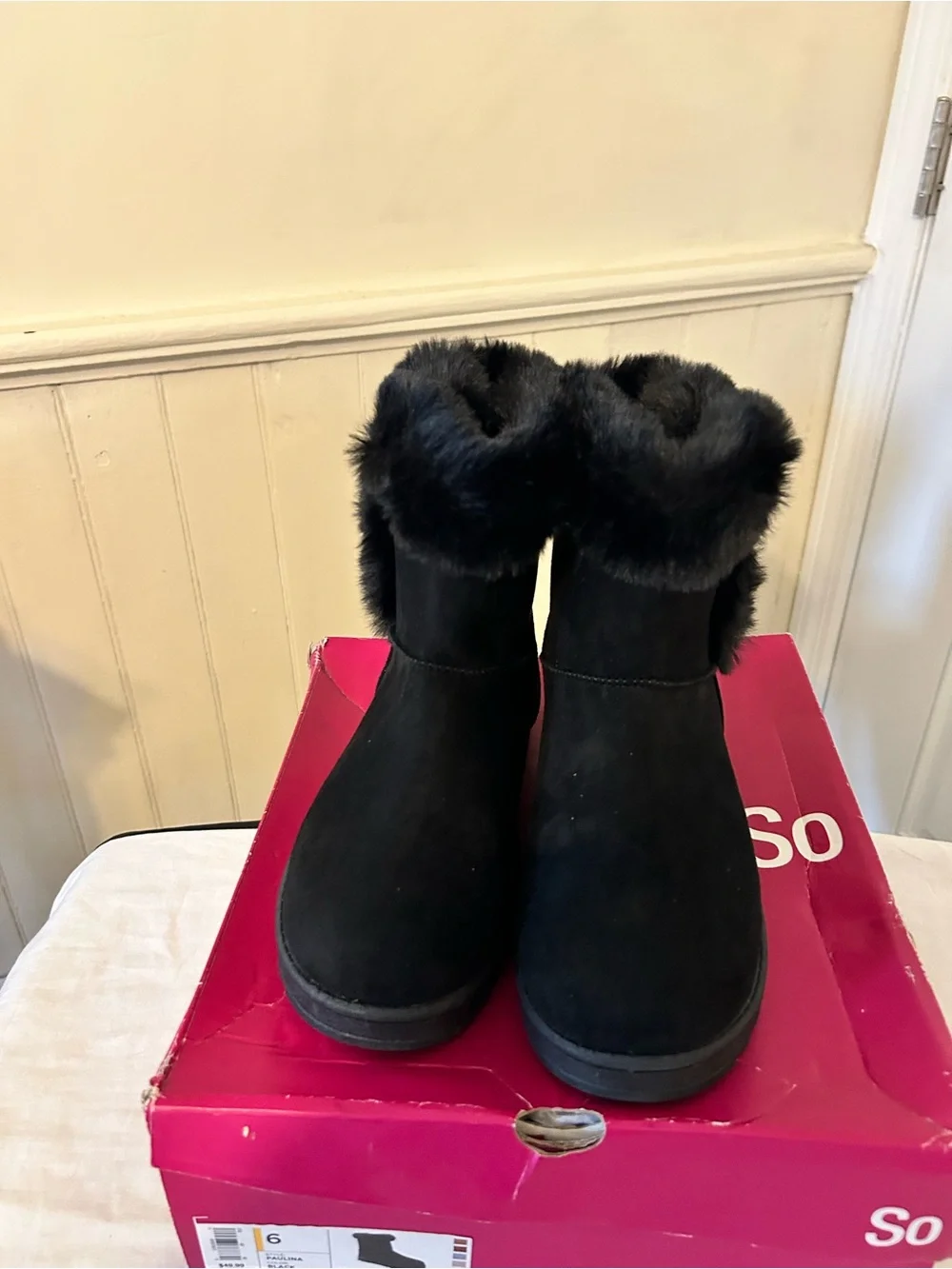NIB SO Paulina Black Faux-Fur Winter Boots/Woman’s Size 6